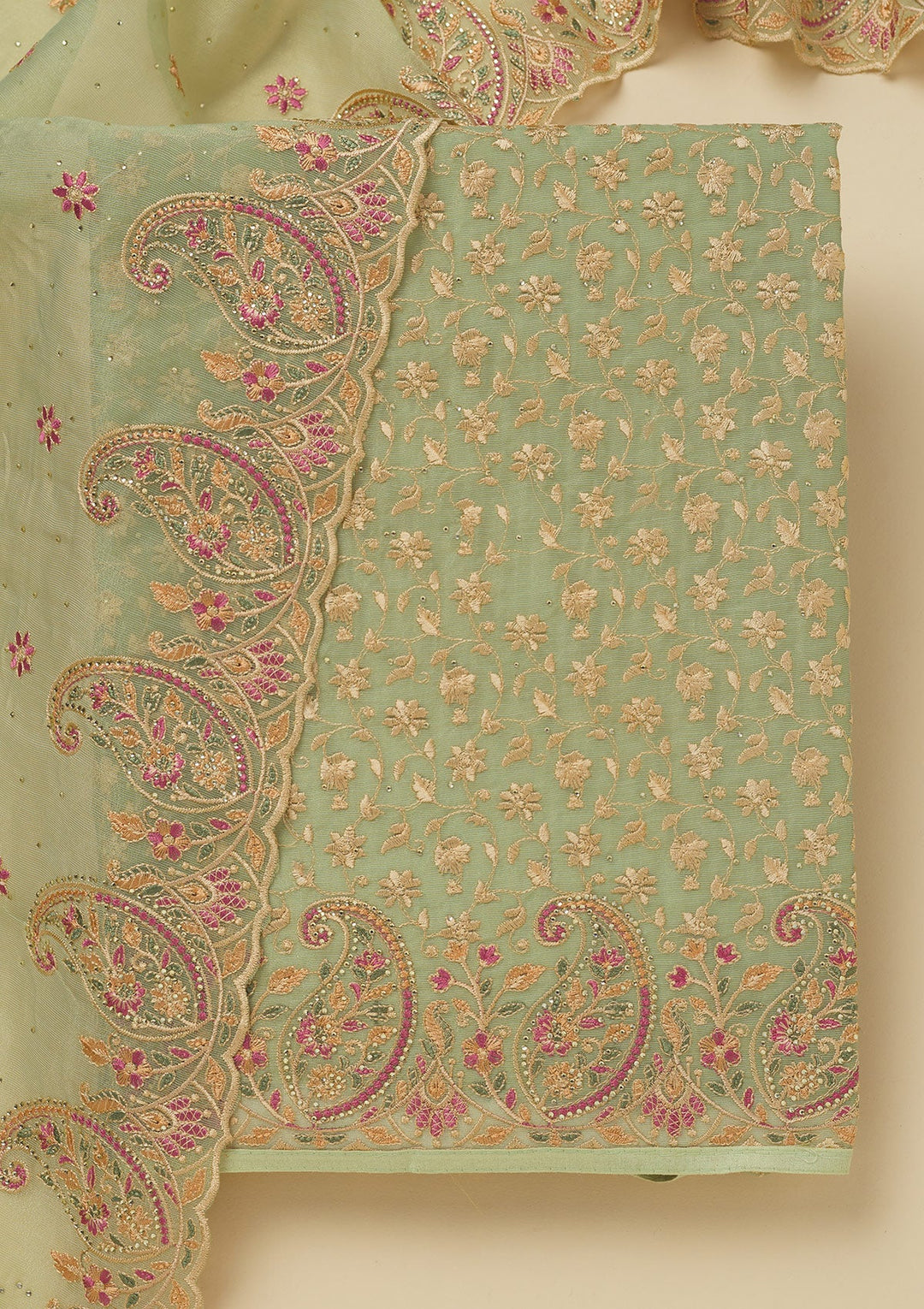 Pista Green Threadwork Organza Unstitched Salwar Suit-Koskii