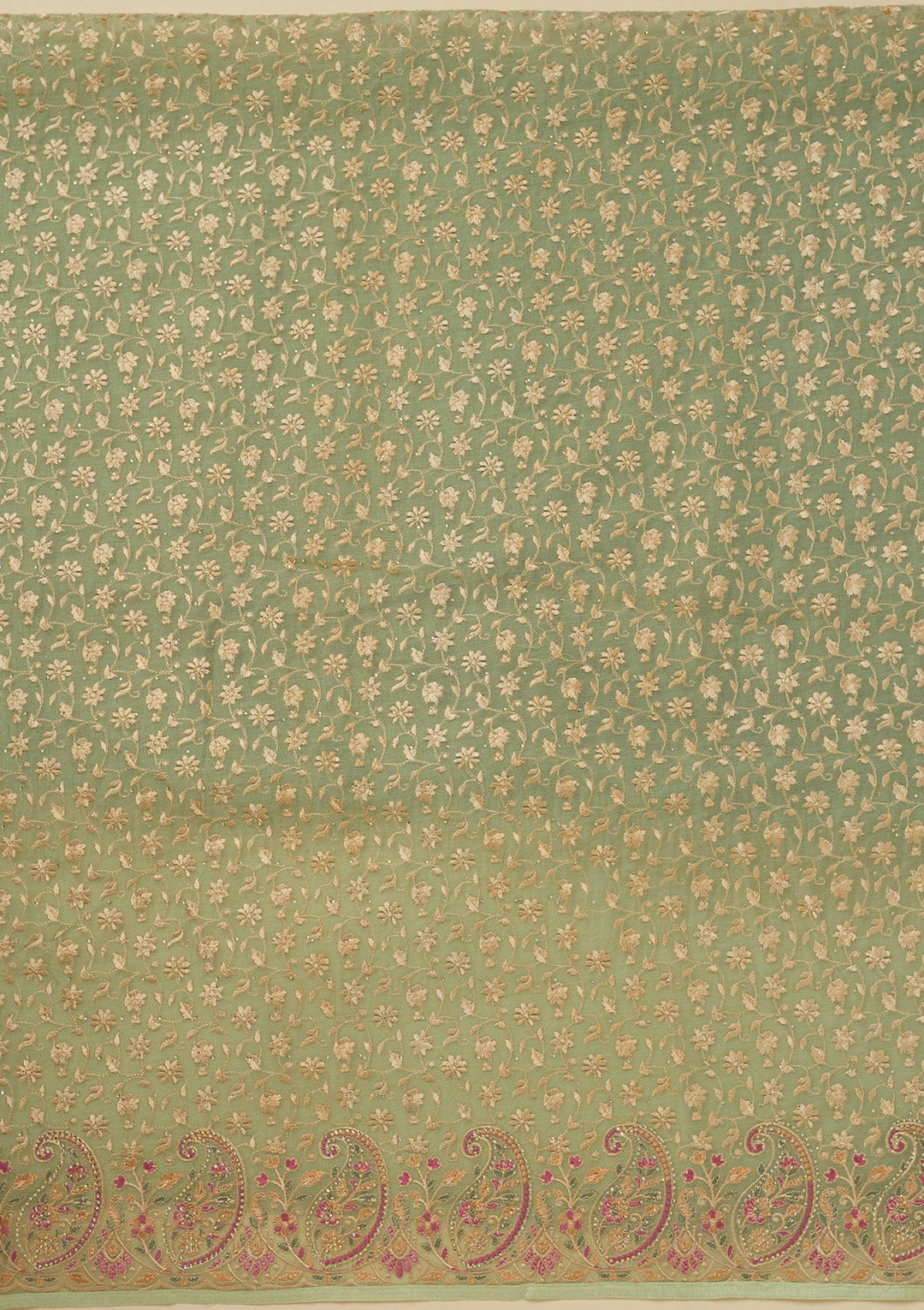 Pista Green Threadwork Organza Unstitched Salwar Suit-Koskii