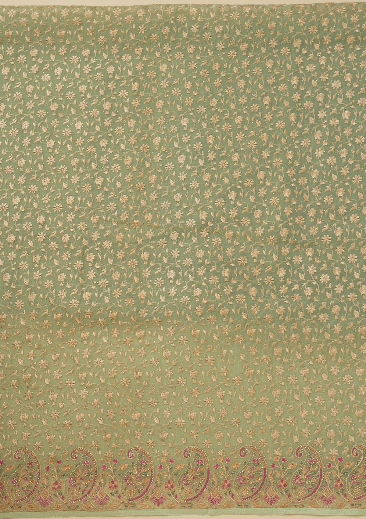 Pista Green Threadwork Organza Unstitched Salwar Suit-Koskii