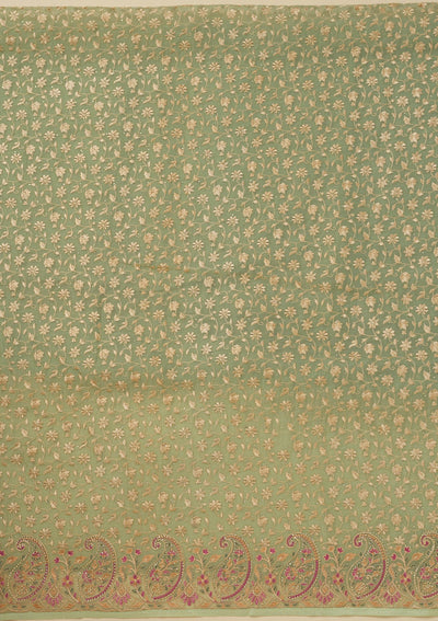 Pista Green Threadwork Organza Unstitched Salwar Suit-Koskii