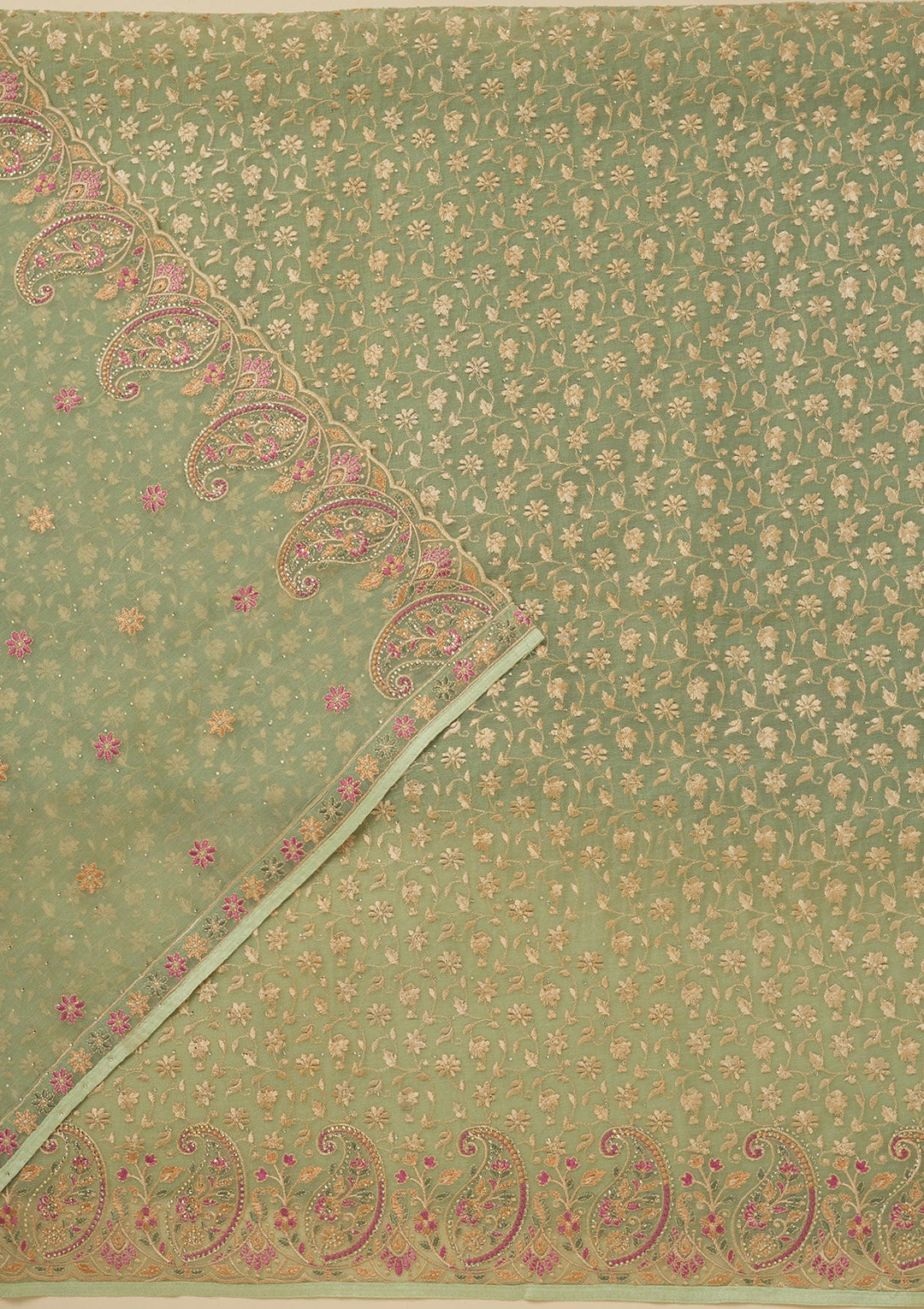Pista Green Threadwork Organza Unstitched Salwar Suit-Koskii