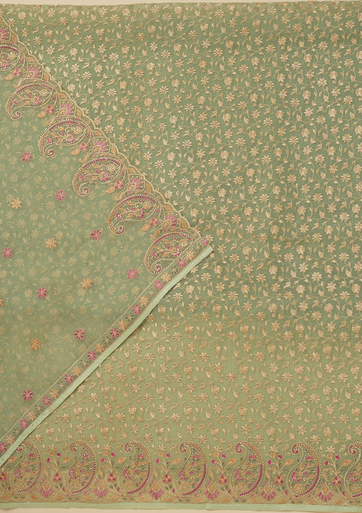 Pista Green Threadwork Organza Unstitched Salwar Suit-Koskii
