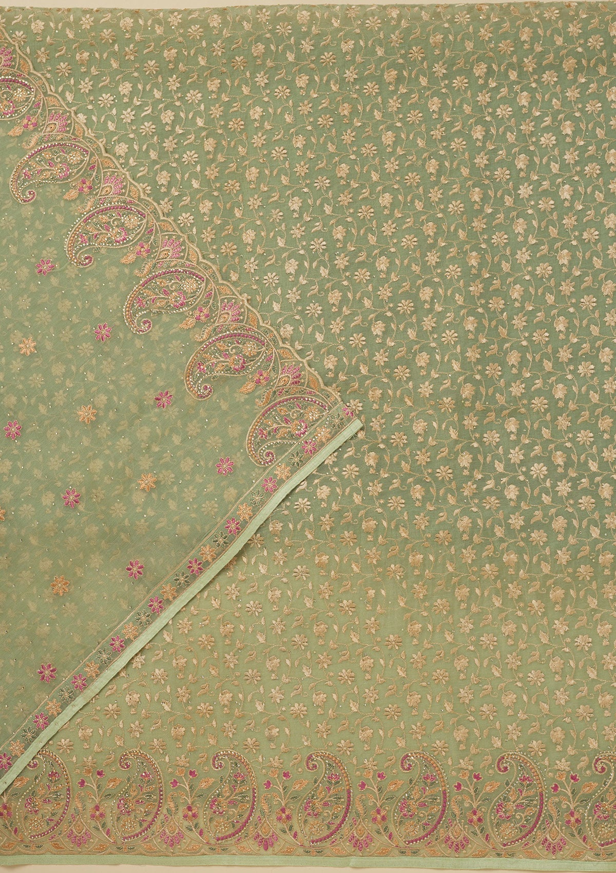 Pista Green Threadwork Organza Unstitched Salwar Suit-Koskii