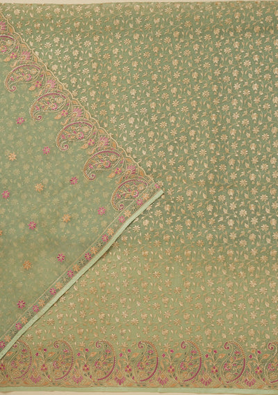 Pista Green Threadwork Organza Unstitched Salwar Suit-Koskii