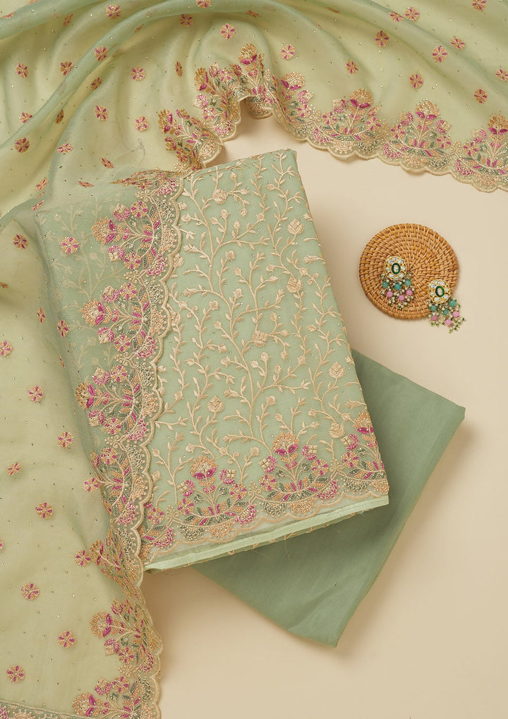 Pista Green Threadwork Organza Unstitched Salwar Suit-Koskii