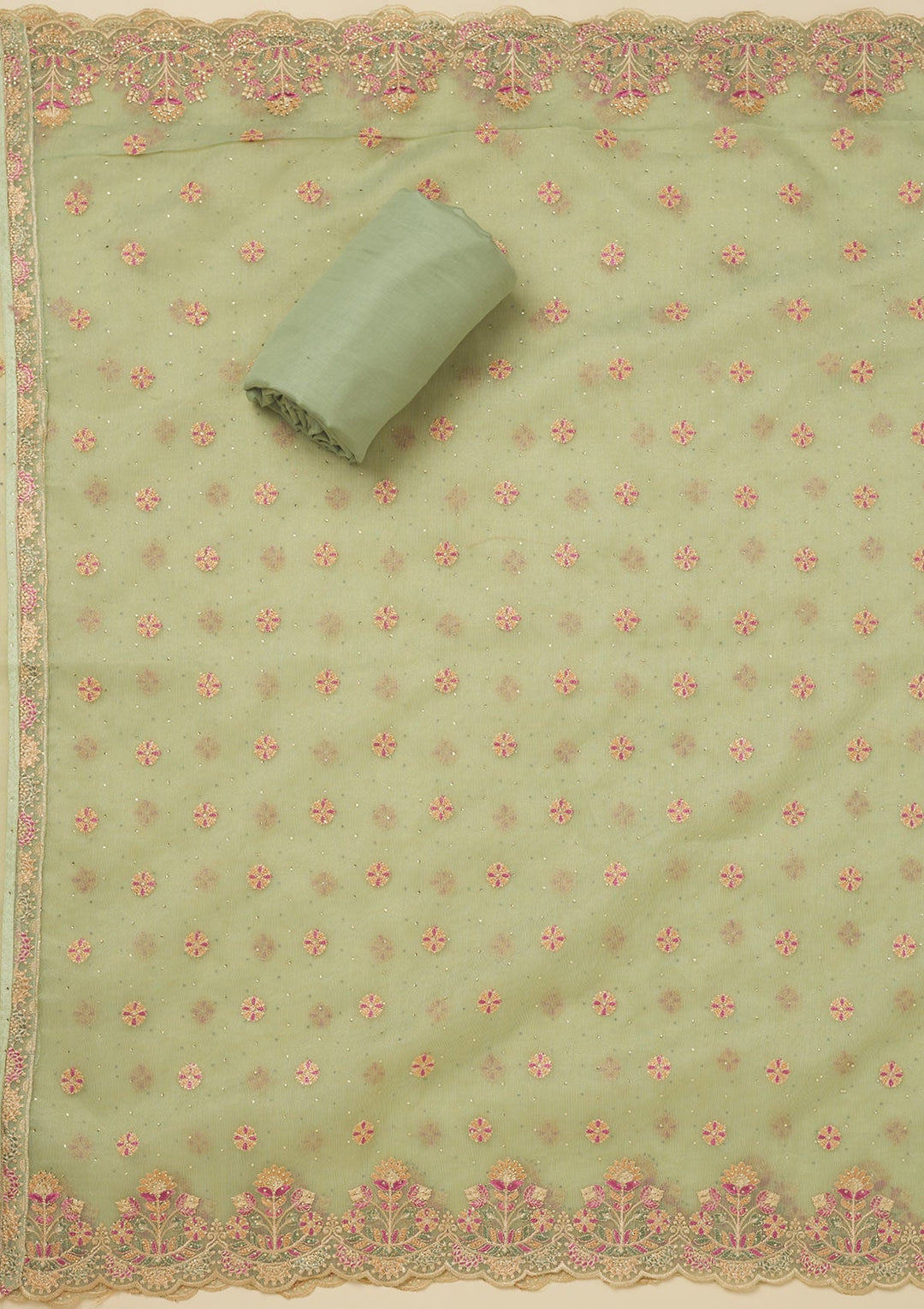 Pista Green Threadwork Organza Unstitched Salwar Suit-Koskii