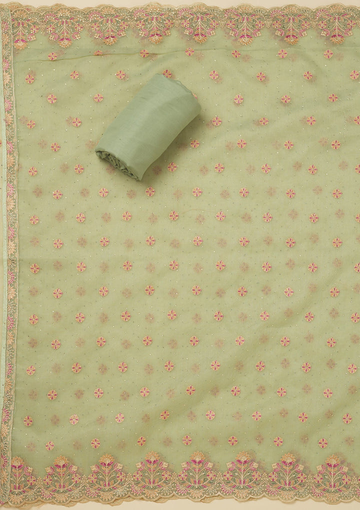 Pista Green Threadwork Organza Unstitched Salwar Suit-Koskii