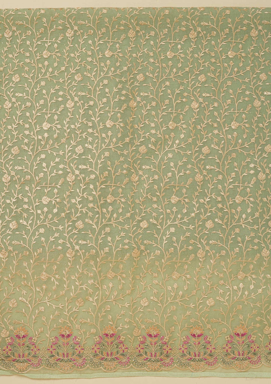 Pista Green Threadwork Organza Unstitched Salwar Suit-Koskii