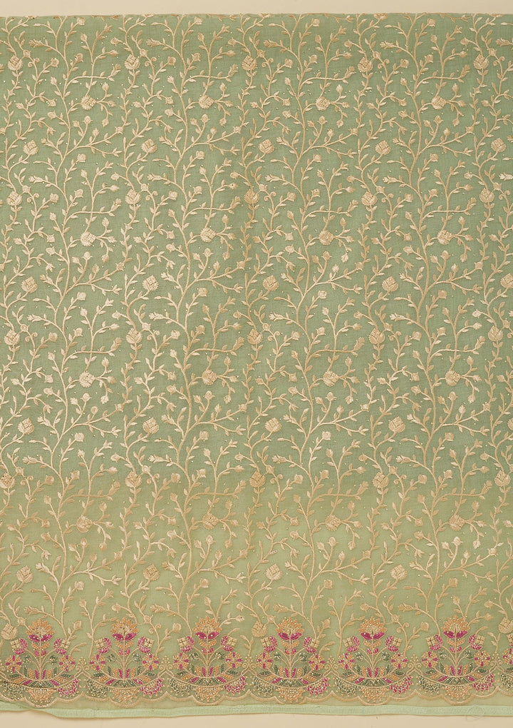 Pista Green Threadwork Organza Unstitched Salwar Suit-Koskii