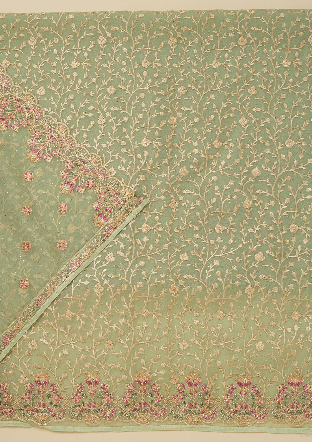 Pista Green Threadwork Organza Unstitched Salwar Suit-Koskii