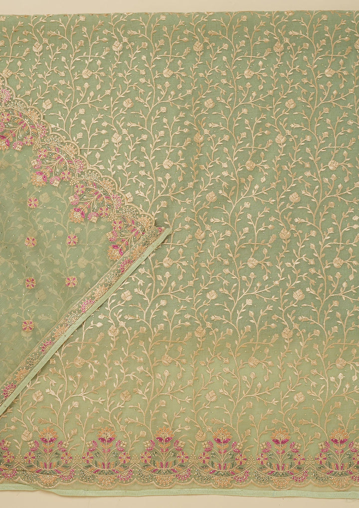 Pista Green Threadwork Organza Unstitched Salwar Suit-Koskii