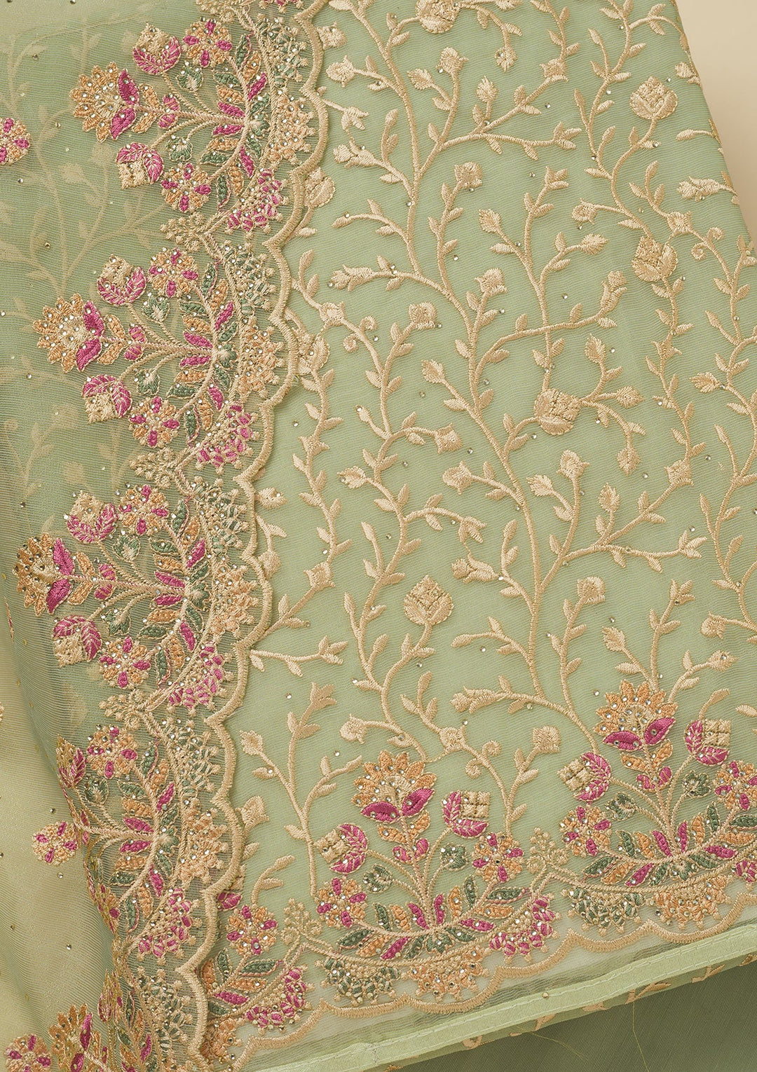 Pista Green Threadwork Organza Unstitched Salwar Suit-Koskii