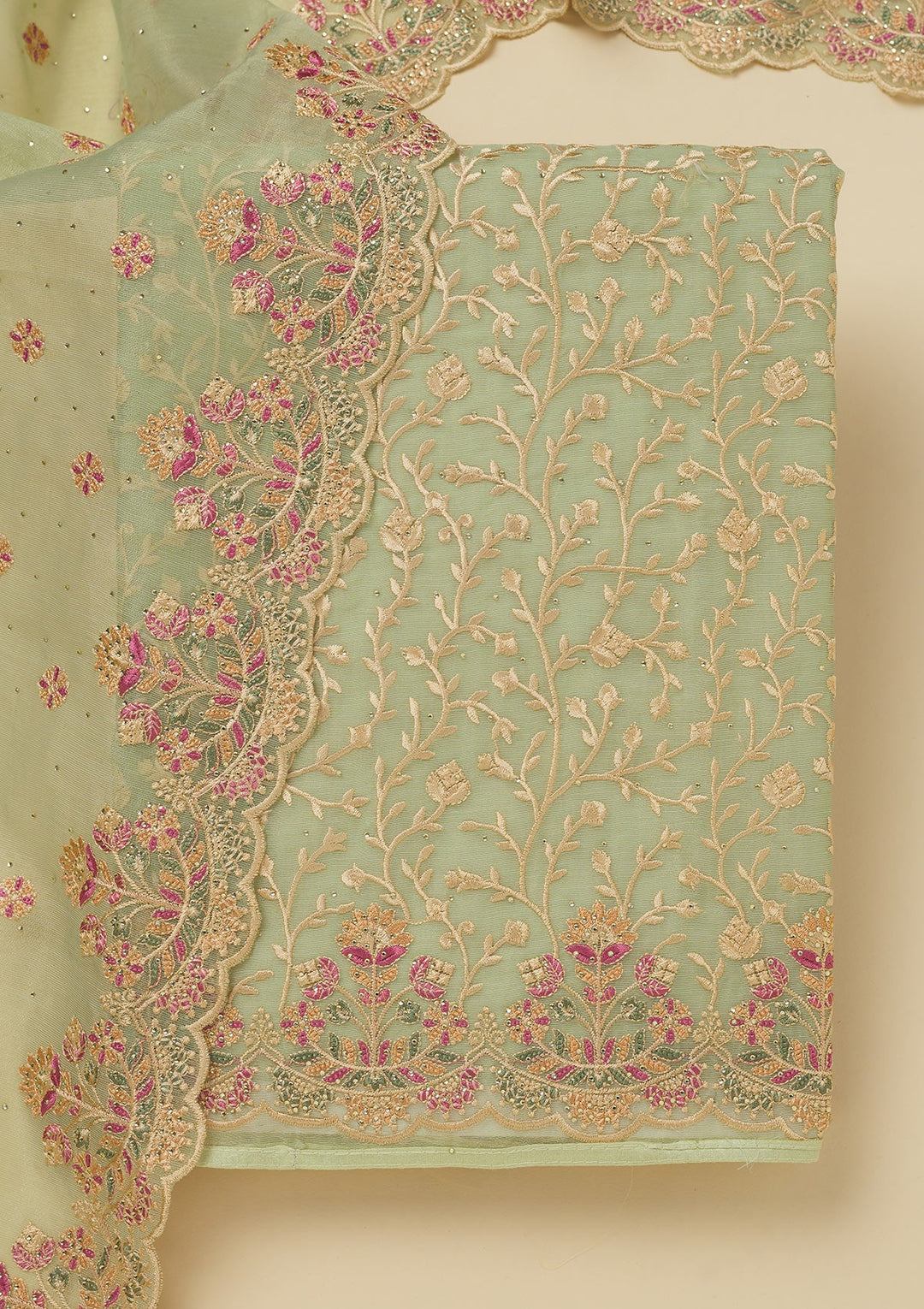 Pista Green Threadwork Organza Unstitched Salwar Suit-Koskii