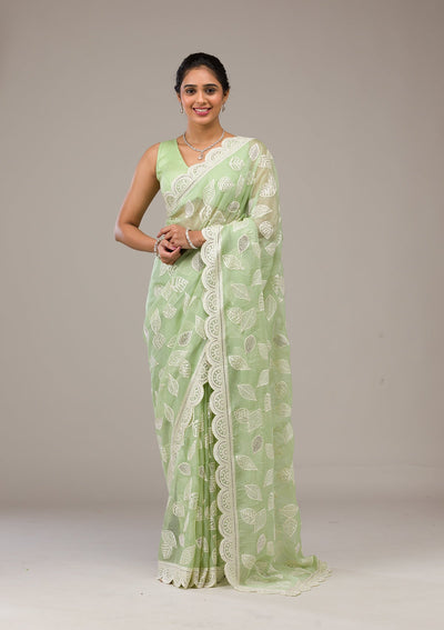 Pista Green Threadwork Organza Saree-Koskii
