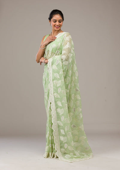 Pista Green Threadwork Organza Saree-Koskii