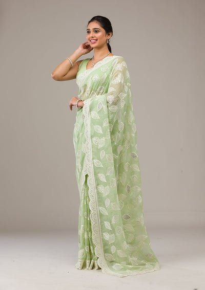 Pista Green Threadwork Organza Saree-Koskii