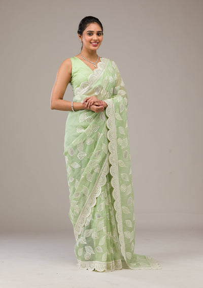 Pista Green Threadwork Organza Saree-Koskii