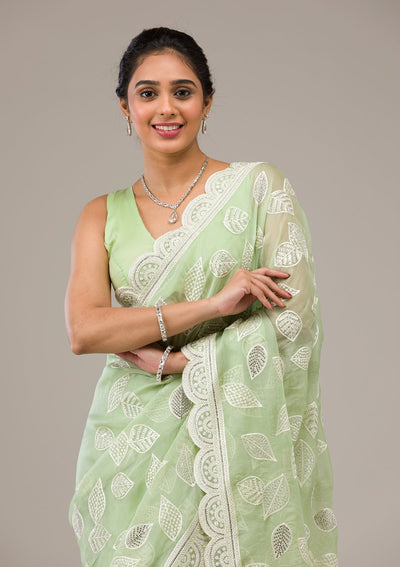 Pista Green Threadwork Organza Saree-Koskii