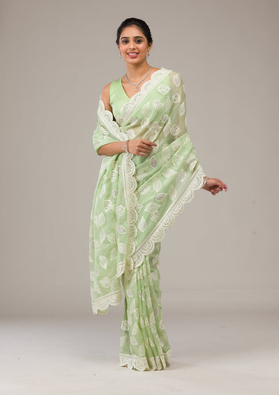 Pista Green Threadwork Organza Saree-Koskii