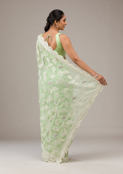 Pista Green Threadwork Organza Saree-Koskii