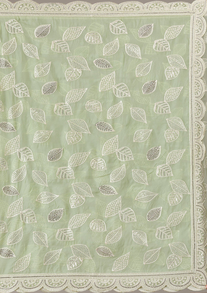 Pista Green Threadwork Organza Saree-Koskii