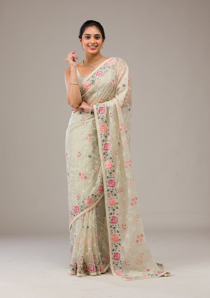 Pista Green Threadwork Organza Saree-Koskii