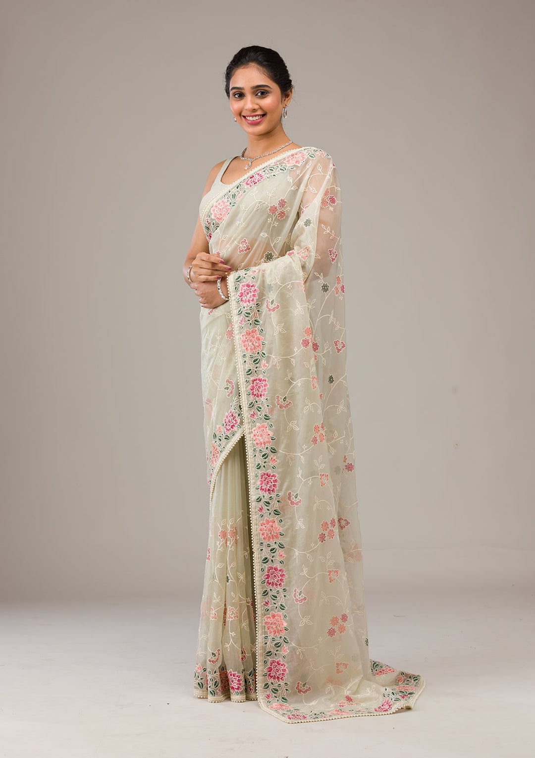 Pista Green Threadwork Organza Saree-Koskii