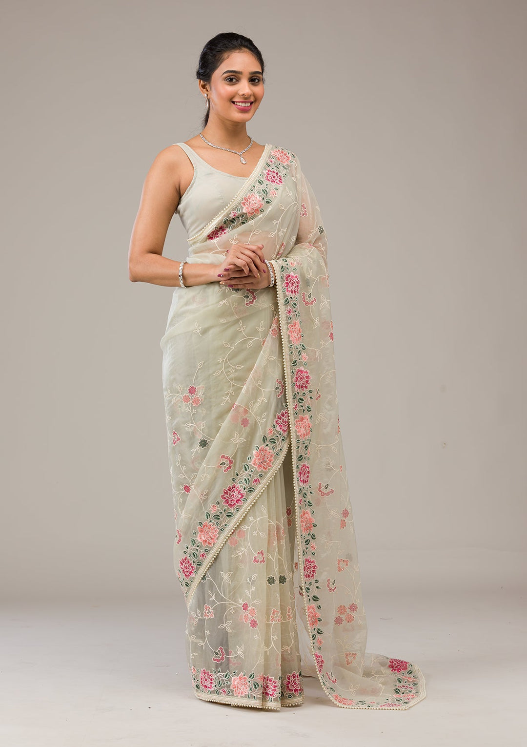 Pista Green Threadwork Organza Saree-Koskii