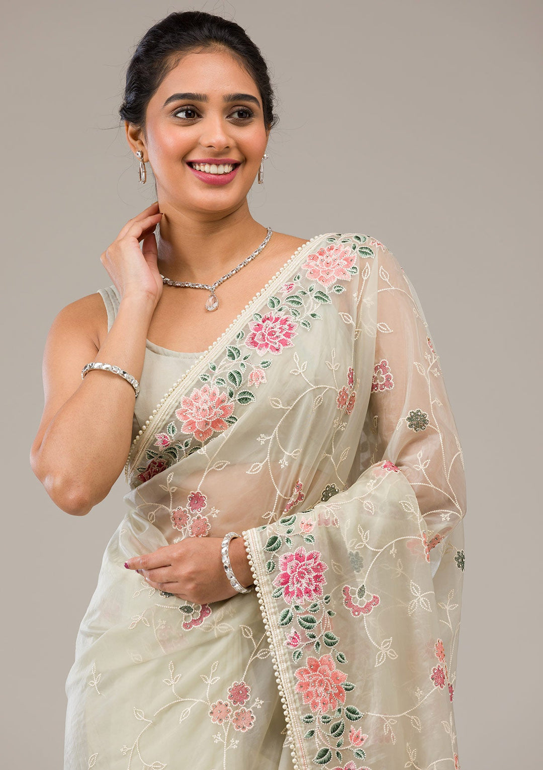 Pista Green Threadwork Organza Saree-Koskii