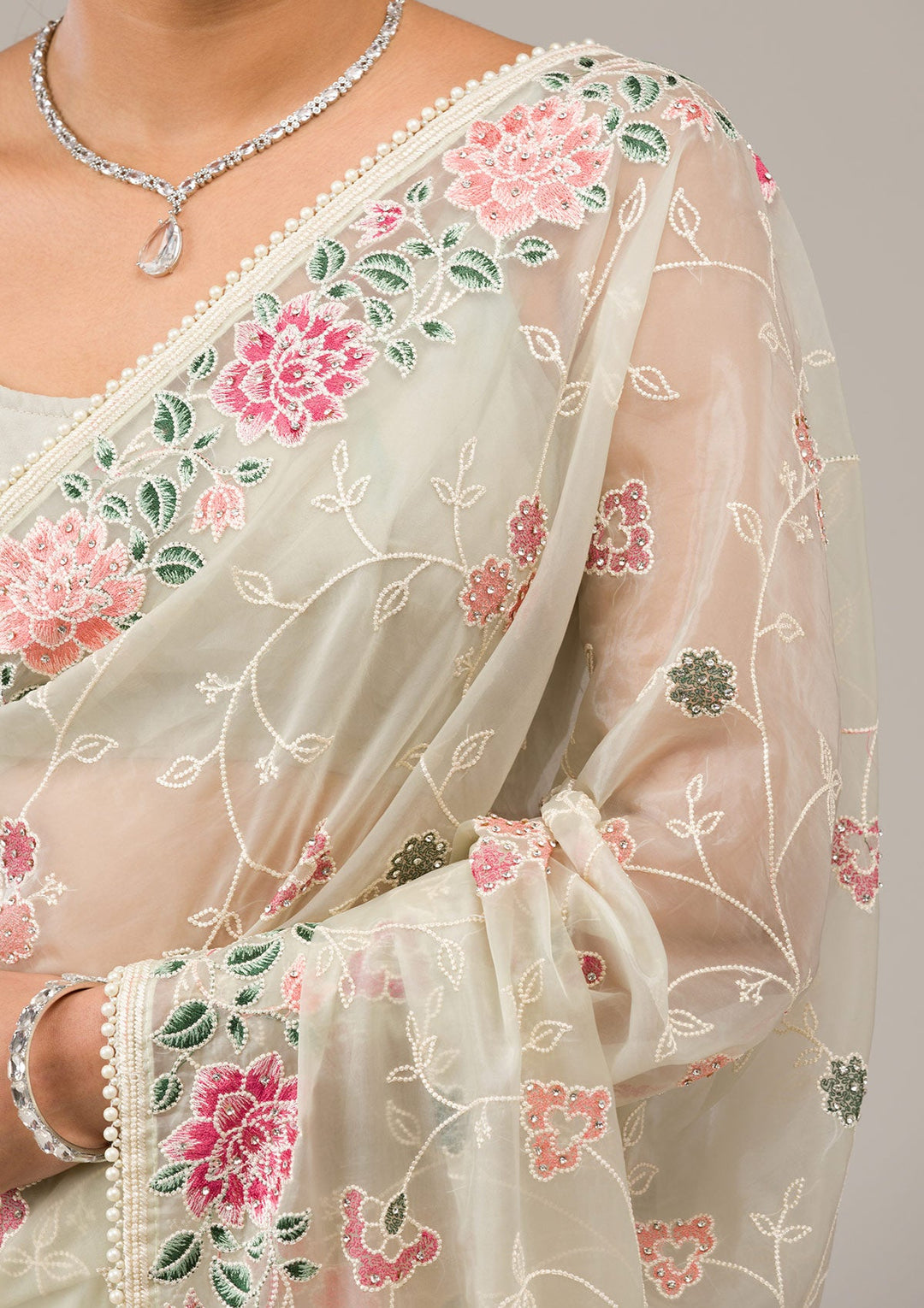 Pista Green Threadwork Organza Saree-Koskii