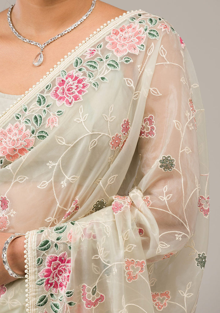 Pista Green Threadwork Organza Saree-Koskii