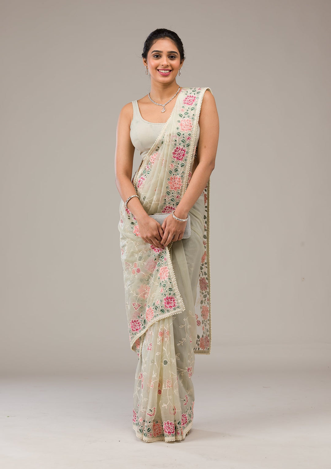 Pista Green Threadwork Organza Saree-Koskii