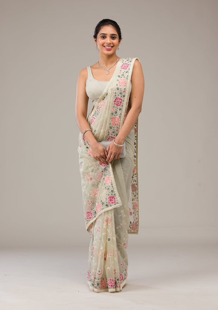 Pista Green Threadwork Organza Saree-Koskii
