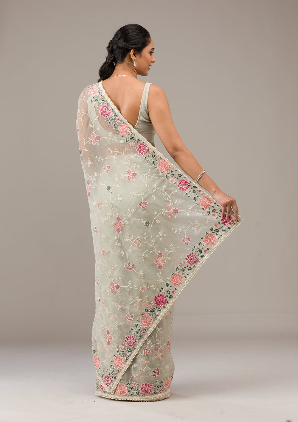 Pista Green Threadwork Organza Saree-Koskii