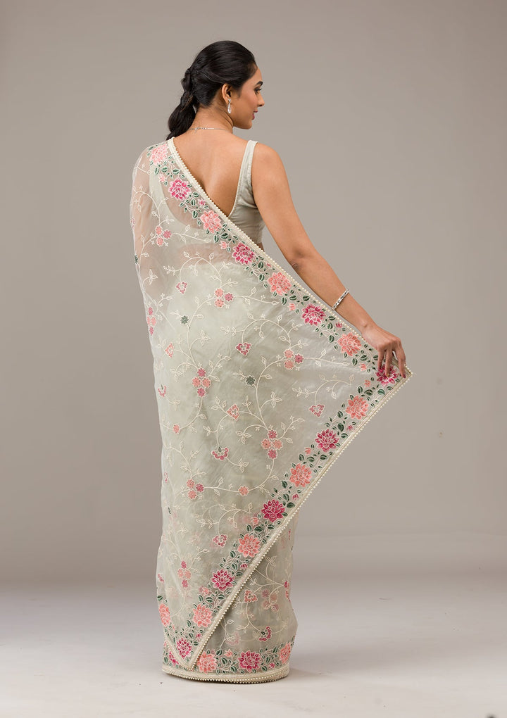 Pista Green Threadwork Organza Saree-Koskii