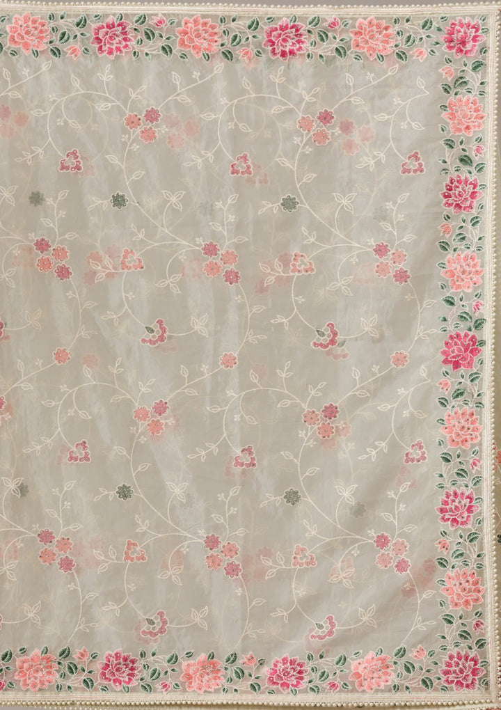 Pista Green Threadwork Organza Saree-Koskii