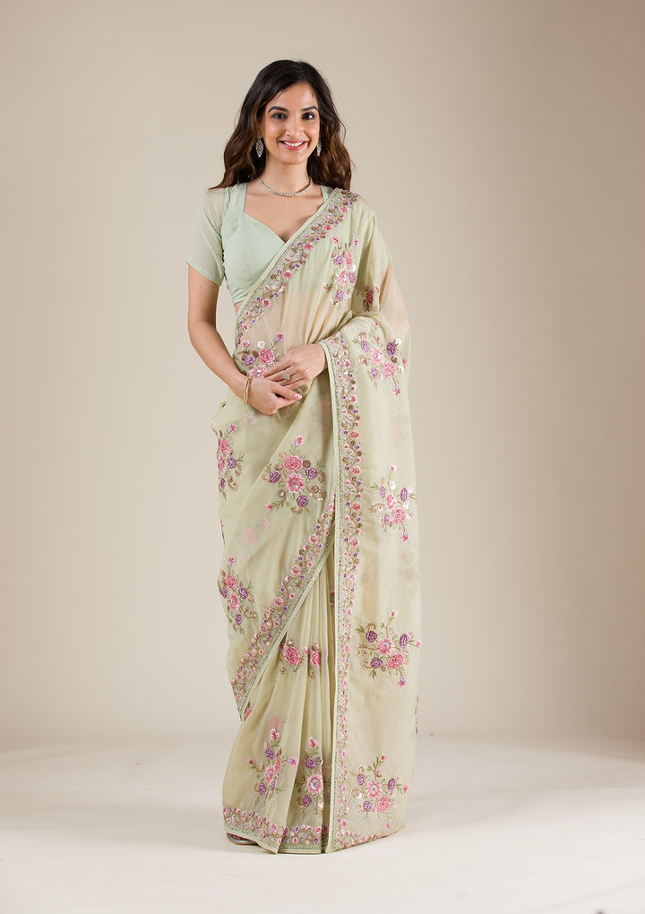 Pista Green Threadwork Organza Saree-Koskii