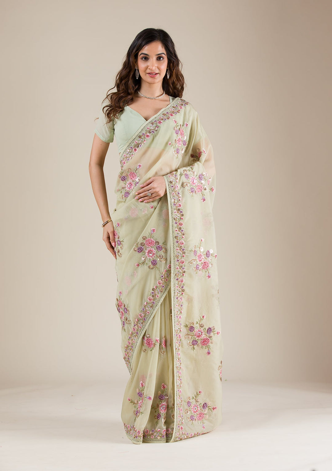 Pista Green Threadwork Organza Saree-Koskii