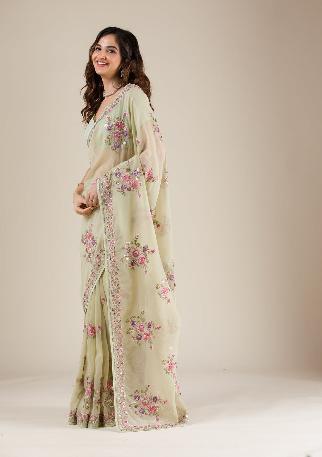 Pista Green Threadwork Organza Saree-Koskii