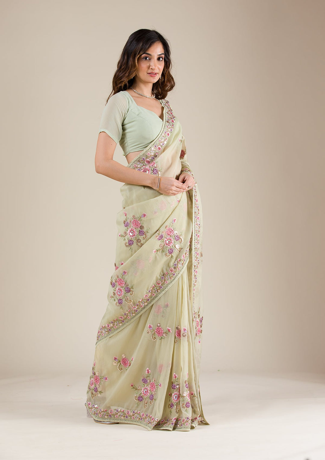 Pista Green Threadwork Organza Saree-Koskii