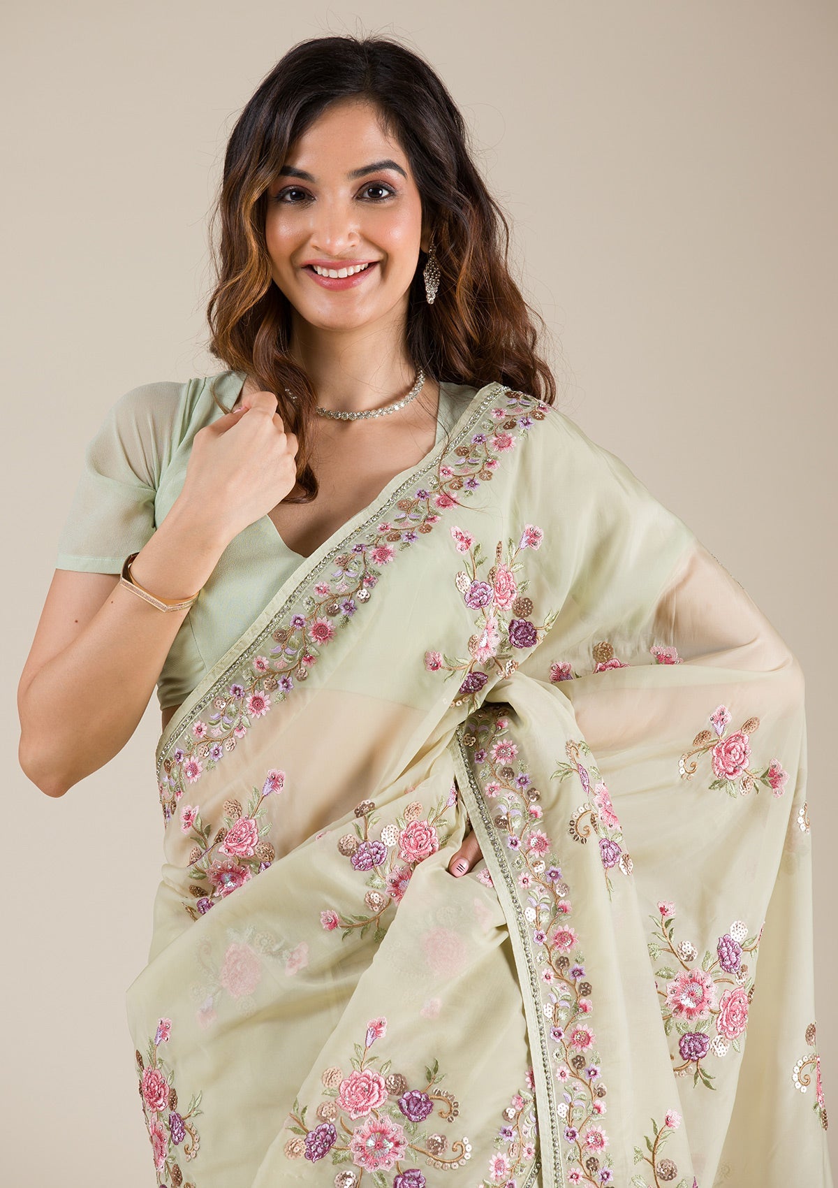 Pista Green Threadwork Organza Saree-Koskii
