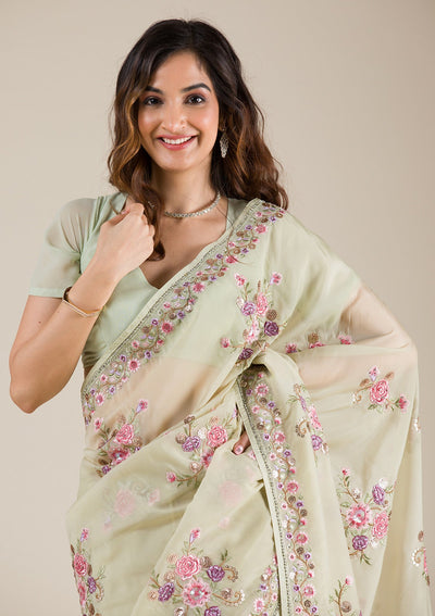 Pista Green Threadwork Organza Saree-Koskii
