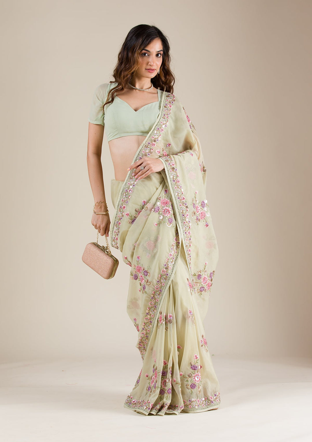 Pista Green Threadwork Organza Saree-Koskii