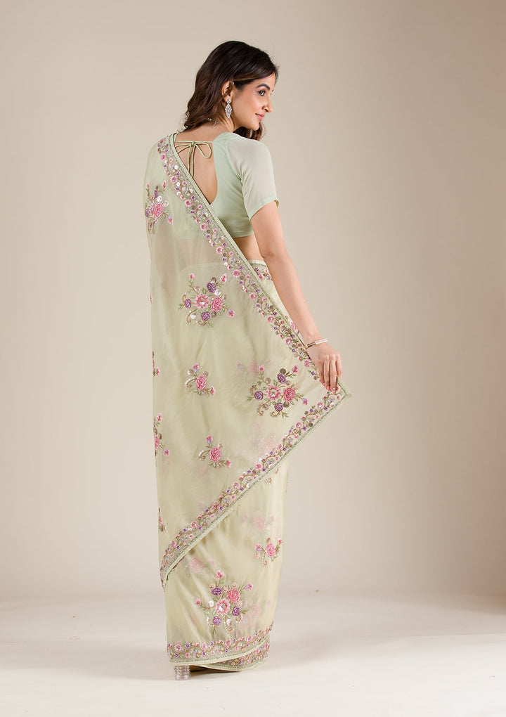Pista Green Threadwork Organza Saree-Koskii