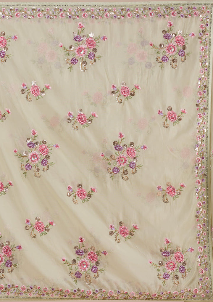 Pista Green Threadwork Organza Saree-Koskii