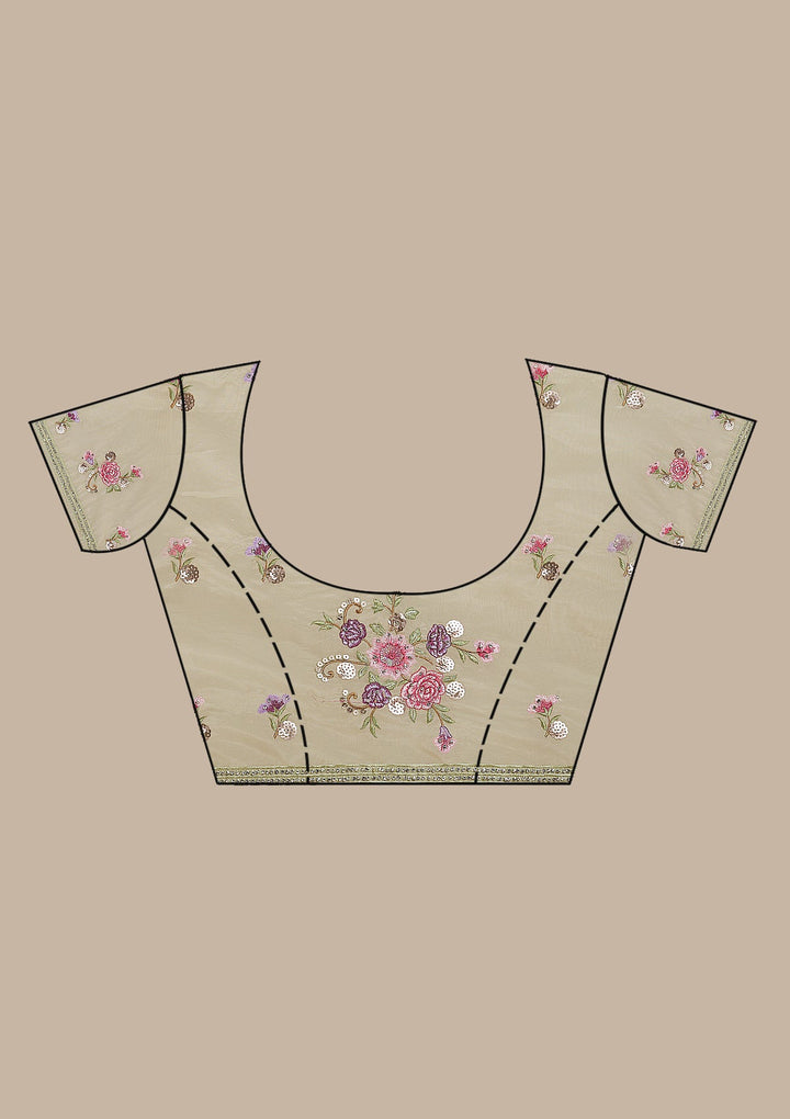 Pista Green Threadwork Organza Saree-Koskii