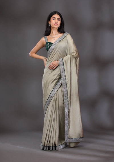 Pista Green Threadwork Raw Silk Saree-Koskii