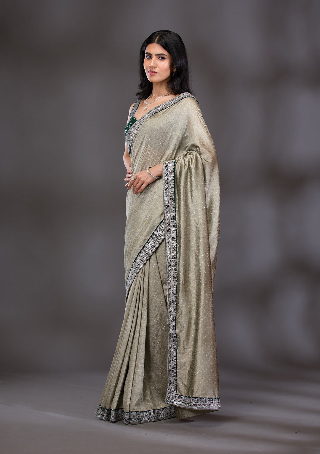 Pista Green Threadwork Raw Silk Saree-Koskii