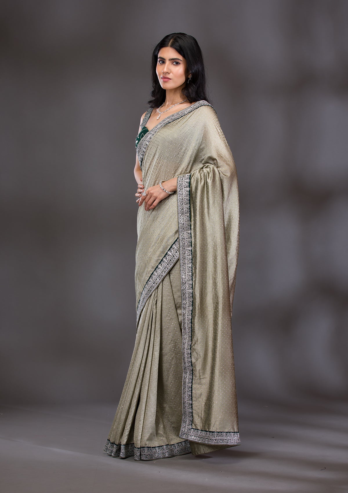 Pista Green Threadwork Raw Silk Saree-Koskii