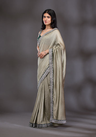 Pista Green Threadwork Raw Silk Saree-Koskii